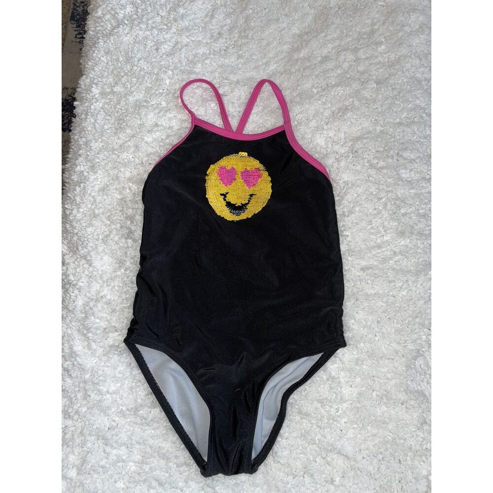 Emojination girls sz. XS black w/pin sequin emoji swimsuit. Cute, fun